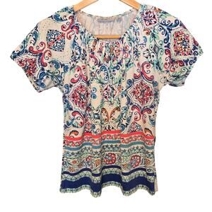Jason Maxwell Top Womens Size Medium Multicolor Paisley Print Puff Sleeve Boho